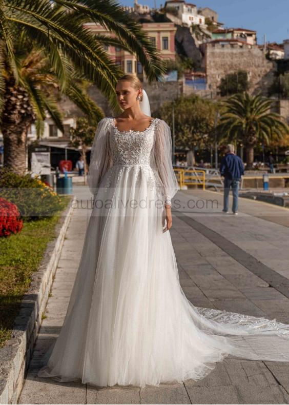 Detachable Long Sleeves Beaded Ivory Lace Glitter Tulle Wedding Dress
